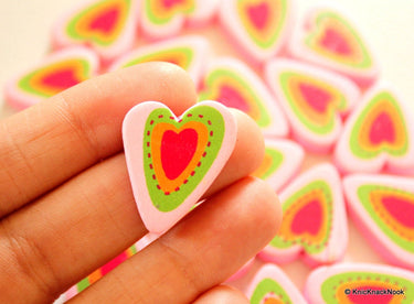 Pink, Green, Orange And Red Heart Wood Beads x 5